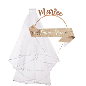 Lot de 3 accessoires modernes en métal pour enterrement de vie de jeune fille - Voile de mariée, ceinture, couronne blanche et bandeau rose doré pour fête prénuptiale - Product Image 4
