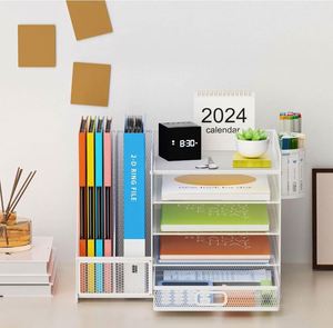 Desk Organizer with <b>File</b> Holder 5-Tier Mesh Office Letter Paper Tray Organizer with 2 Upright Sections <b>File</b> Holder Rack - Product Image 5