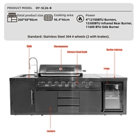 Cuisine extérieure de haute qualité en acier inoxydable SS304 noire avec évier et réfrigérateur de 68 L, barbecue à gaz 6 brûleurs pour la cuisson et les grillades en extérieur