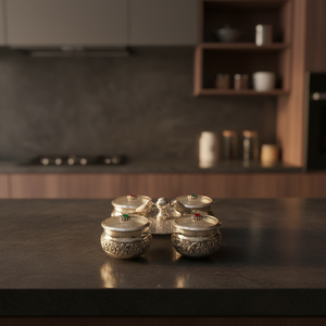 Juego de Recipientes para Kumkum Chawal de Plata de Ley con Cuatro Tazones y Chowki, Accesorio Tradicional Indio para Pooja Hecho a Mano - Product Image 1