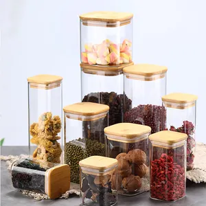Hot Sale 200ml to 2000ml Food Storage Container Cookie Nuts Square Glass Jar Glass Bottle With Air-tight Bamboo Lid