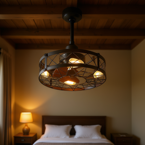 Ventilateur de plafond à montage encastré, 20 pouces, style industriel en fer noir avec ampoules LED pour chambre à coucher - Product Image 2