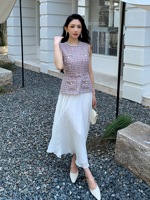 Nuevo Vestido Midi Elegante de Verano 2026 para Mujer, Sin Mangas, con Cuentas, Top de Tweed, Falda Plisada de Gasa, Vestido Casual Holgado con Cinturón