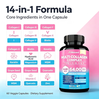 64000MCG Complexe Multi-Collagène 14-en-1 Capsules Type I V X Biotine Soutien Peau Cheveux Ongles Articulations 60 Capsules Végétales Vente en Gros OEM