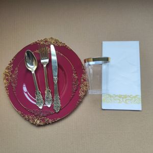 350 pièces pour 50 invités, fête de mariage d'<span class=keywords><strong>anniversaire</strong></span> fantaisie <span class=keywords><strong>vaisselle</strong></span> à bord doré avec couverts ensemble de <span class=keywords><strong>vaisselle</strong></span> <span class=keywords><strong>jetable</strong></span> noir <span class=keywords><strong>rose</strong></span> blanc - Product Image 4