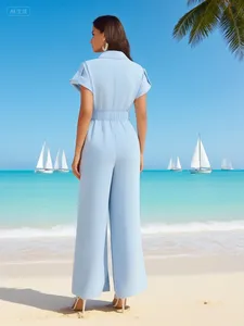 Ultimo Modello di <span class=keywords><strong>Tuta</strong></span> <span class=keywords><strong>in</strong></span> Maglia Sexy con <span class=keywords><strong>Pizzo</strong></span> Traspirante e Collo Alto per Donne, Maniche Corte Traforate, Vita Alta con Lacci e Gamba Larga - Product Image 1