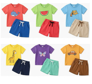 Ensemble de vêtements d'été en coton pour enfants, 2 pièces, t-shirt à col rond à manches courtes et short, couleurs assorties, motifs variés, pour tout-petits - Product Image 2