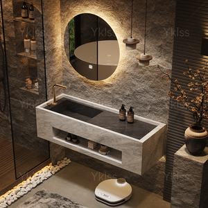 Mobile <span class=keywords><strong>da</strong></span> Bagno di Lusso Moderno in Lastra di Roccia con <span class=keywords><strong>Lavabo</strong></span> Senza Saldature e <span class=keywords><strong>Design</strong></span> Integrato Personalizzabile a Lavandino Singolo o Doppio - Product Image 2