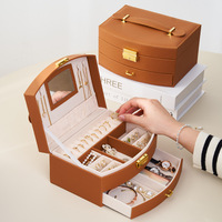 Boîte de rangement à bijoux rectangulaire à 2 tiroirs, miroir intégré, en cuir PU de luxe, fermeture à cordon, motif uni