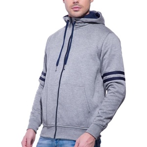 Men's Gray <b>Hooded</b> <b>Zip</b>-Up Sweatshirt Regular Fit Casual Autumn Knitted Cotton Solid Color Striped Sleeves - Product Image 1
