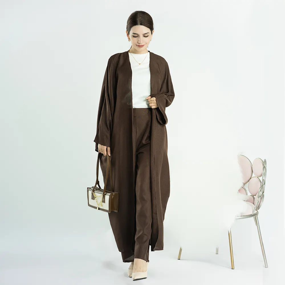 2023 Loriya nuevo estilo Abaya musulmán mujeres Lino ropa islámica Abaya abierto Abaya y pantalones 2 uds conjunto