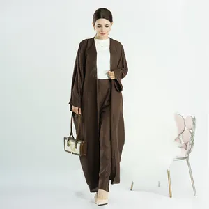 2023 Loriya New Style Abaya Muslim Women Linen Islamic Clothing Abaya Open Abaya And Pants 2PCS Set