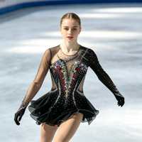 Robe de patinage artistique noire à manches longues avec strass colorés et jupe en maille pour enfants et adultes, idéale pour les compétitions et spectacles de patinage sur glace