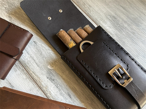 Vintage Tabakbeutel aus <span class=keywords><strong>Crazy</strong></span> Horse Leder, handgefertigte Zigaretten-Aufbewahrungstasche, handgemachtes Zigarrenetui mit Cutter und Feuerzeughalter - Product Image 3
