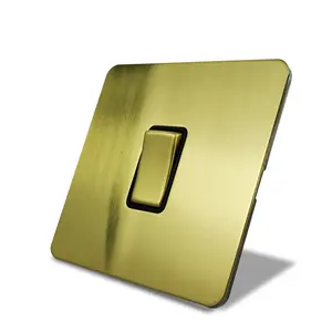 Panel de metal sin tornillos de acero dorado de latón cepillado estándar del Reino Unido, interruptor de pared DP de 1 Banda, botón de metal