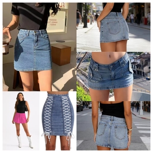 Summer Style Women's High Waist Denim <b>Skirt</b> Solid Color Casual A-Line <b>Mini</b> With Pockets <b>Pleated</b> Apparel Stock Bales - Product Image 5