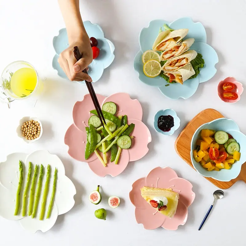 Assiette en céramique ménagère irrégulière, assiette irrégulière de service à manger créatif Style japonais bol de fleur de cerisier