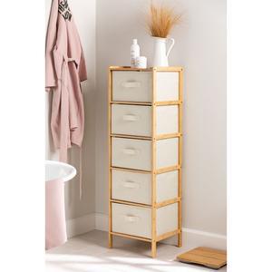 Étagère multifonctionnelle en bambou à 5 niveaux Petit <span class=keywords><strong>rangement</strong></span> pour vêtements Commode verticale en bois Paniers à linge <span class=keywords><strong>Rangement</strong></span> latéral du lit en polyester - Product Image 2