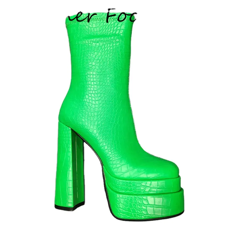 Neon Green Platform Runway Boots Women New High Heels Short Boots Square Toe Chunky Heel Zipper Boots Female Zapatos Mujer Botas