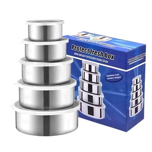 Cross-border stainless steel round food storage container <b>set</b> with lid, five pieces: food bowl, airtight container, storage - Product Image 1