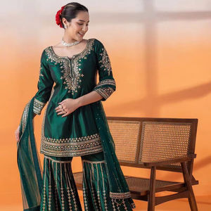 ชุดส่าหรีอินเดียปักเลื่อม 3 ชิ้น ชุดเดรสชาติพันธุ์ดีไซน์เนอร์ปากีสถาน ผ้าชินนอนอย่างดี ชุดสำเร็จรูป - Product Image 1