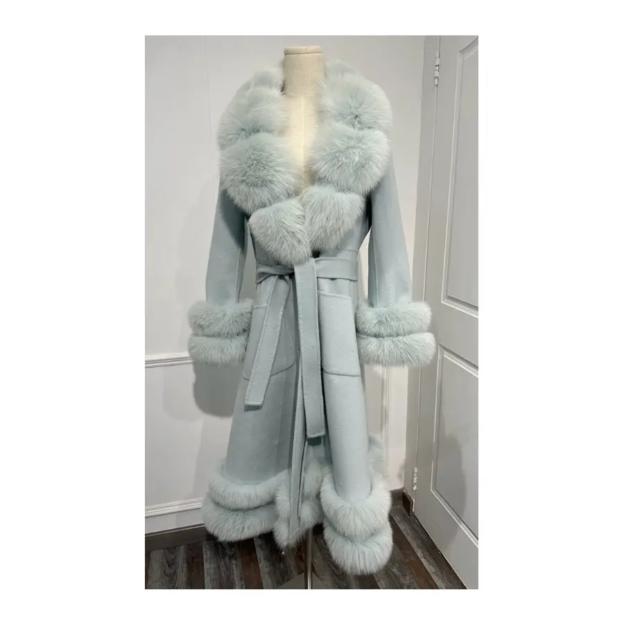 आरएक्स फर प्रीमियम गुणवत्ता वाले लक्जरी कपड़े ब्रांडेड कपड़े की कीमतें बुना हुआ महिलाओं की भेड़ ऊन कश्मीरी बेल्ट कोट फर कॉलर
