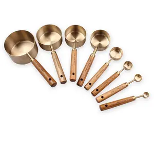 Measuring Tools 410 Stainless Steel Coating Luxury Golden Titanium Measuring Cups and Spoons Set with Accia wooden Handle