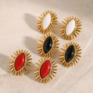 Thép không gỉ 18K mạ vàng cổ điển Chunky men Bông tai mới hợp thời trang đen đỏ trắng mã não đá quý đinh tán - Product Image 2