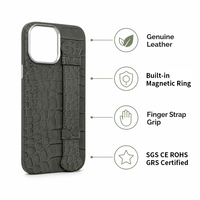 Étui de téléphone de luxe en cuir véritable à motif alligator avec dragonne et support de charge magnétique sans fil