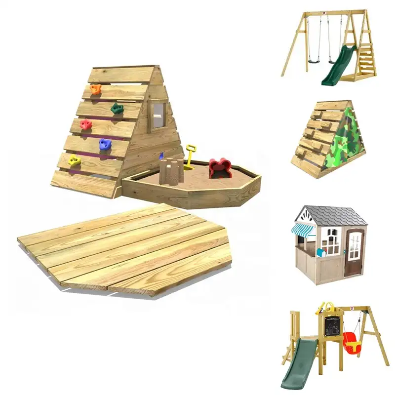 Casa de juegos de madera para niños, Columpio de jardín con marco de escalada, casa de juegos de madera con tobogán, barato, venta al por mayor