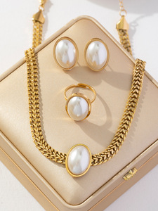 TZ119 European and American <b>Thick</b> Chain Large Pearl Necklace, Earrings and <b>Ring</b> Stainless Steel Set - Product Image 2