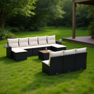 Set Divano Moderno da Esterno in Rattan Nero con Cuscini Crema, Impermeabile, Arredamento Contemporaneo da Giardino per Patio e Terrazza - Product Image 2