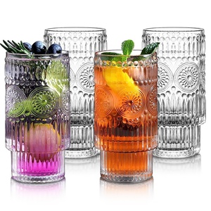Vaso de Vidrio Tallado Vintage, Vasos Highball <span class=keywords><strong>Apilables</strong></span>, Vaso para Bebidas con Diseño de Girasol - Product Image 1