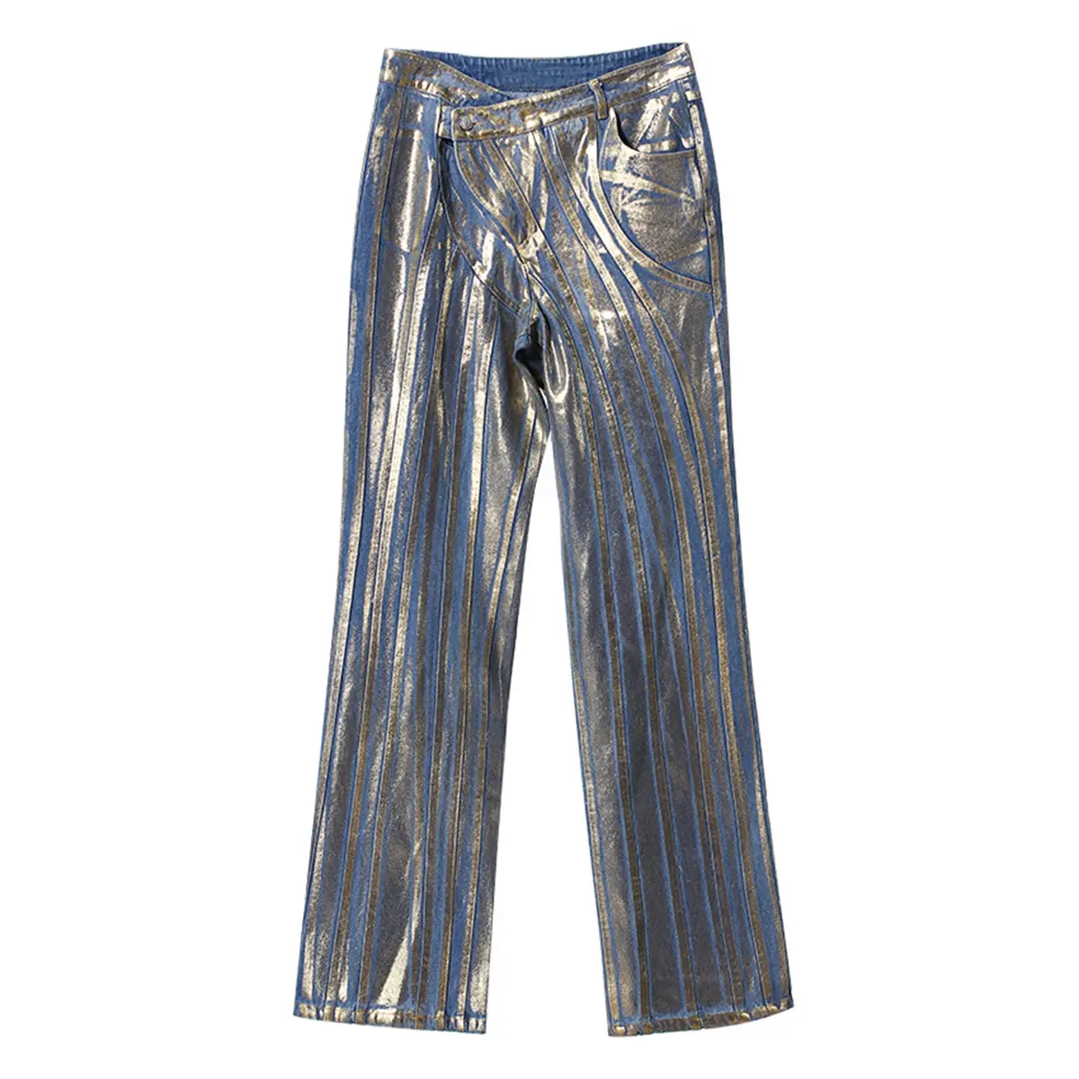 Coatingbroek Voor Gouden Kleur Op Denim Jeans Voor Vrouw 2024 Stijl Met Strepen Voor En Achter Recht Knippen