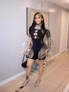 New Women's Solid Color Mesh Hollow Sexy Embedding Slim Fit <b>Knitted</b> Short Sleeve Jumpsuit Women Clothing - Product Image 3