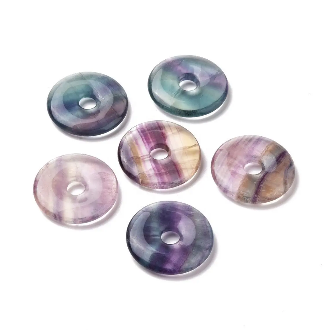 Polished Rainbow Fluorite Gemstone Donut Disc Pendants Quartz Amulet Lucky Coin Crystal Stones for Jewelry Making