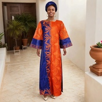Ensemble de robes maxi deux pièces pour femmes, style boubou africain modeste, de haute qualité, riche en broderies et dentelle à volants, avec écharpe K1068