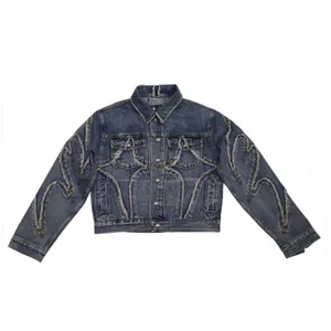 DiZNEW veste en jean avec logo personnalisé, manches ouvertes et boutons, patch patchwork, streetwear pour hommes