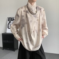 Chemise décontractée ample à col montant irrégulier et manches longues pour homme, imprimé délavé à l'encre, pour la mode streetwear, vente en gros de hauts pour homme, chemise homme