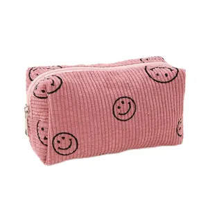 new style Travel smile face Organic Cute Pink Makeup Bag Zipper Corduroy Pouch Bag