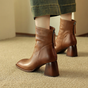 Botas de Mujer de Cuero Genuino Impermeables, Modernas y Más Vendidas, con Cremallera Trasera, Tacón Alto y Grueso, Antideslizantes, Duraderas, para Todas las Temporadas - Product Image 4