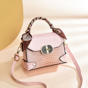 Bolso de mano con textura de cocodrilo para mujer, con asa superior de pañuelo de seda, bolso tipo satchel, bandolera de hombro con cierre metálico de moda para uso diario y fiestas - Product Image 5