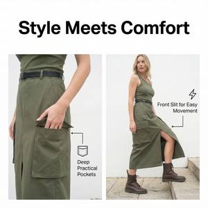 Abito da donna <span class=keywords><strong>verde</strong></span> oliva con spalline, <span class=keywords><strong>vestito</strong></span> <span class=keywords><strong>midi</strong></span> asimmetrico a vita alta con taglio ad A - Product Image 6