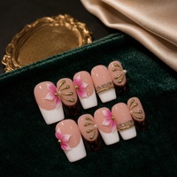Kuku Palsu 3D Bunga Rhinestone French Tip Pink Putih Grosir, Buatan Tangan untuk Salon Kecantikan