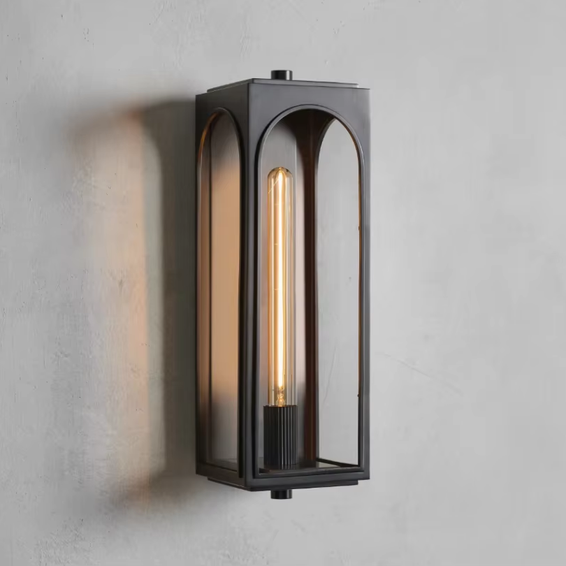 Luxury Modern Brass Palladian Outdoor Sconce Black Glass Wall Lantern Wall Mounted