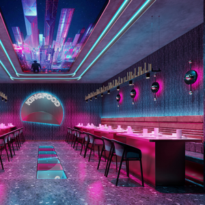 Diseño <span class=keywords><strong>de</strong></span> Interiores <span class=keywords><strong>de</strong></span> Restaurante Futurista Cyberpunk, Proyecto Llave <span class=keywords><strong>en</strong></span> Mano <span class=keywords><strong>de</strong></span> Bar y Espacio <span class=keywords><strong>de</strong></span> Comedor con Iluminación LED <span class=keywords><strong>de</strong></span> Neón Personalizada y Renderizado 3D - Product Image 3