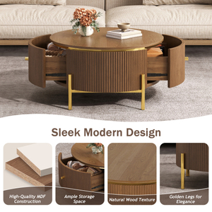 Modern <b>Round</b> Coffee <b>Table</b> with 2 Large Drawers Storage Eco-Friendly Durable Brown 31.5" Living Room Furniture - Product Image 5