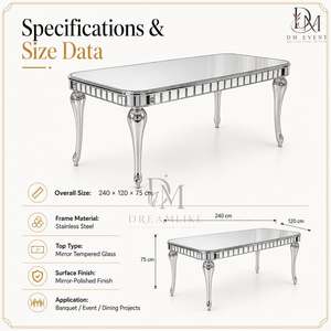 Elegante Mesa de Banquete Rectangular con Cubierta de Espejo de Acero Inoxidable Plateado y Patas Curvas para Bodas y Eventos, Venta al Por Mayor - Product Image 3