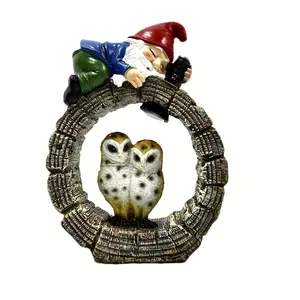 Outdoor Garden Ornaments Goblin And Owl Decorative Solar Lighting Resin Crafts From China
