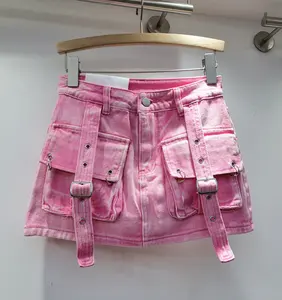 Vintage Pink Denim Women's Skirts 2024 Streetwear 3D Pockets Short Skirt For Women Sexy Casual Mini Cargo Jeans Skirt